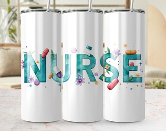 Nurse Floral Tumbler Wrap: Teal Watercolor Design (Digital Download, 300 DPI Seamless Image)