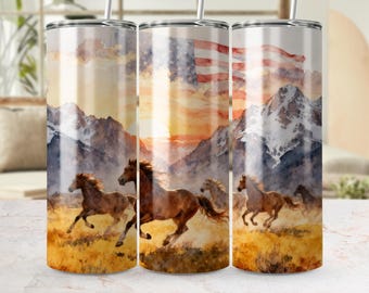 Horses, American Flag, Mountains Tumbler Wrap: 20oz Seamless Sublimation, 300 DPI