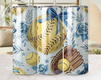 Softball Tumbler Wrap: Blue Floral 20oz Skinny Tumbler Design (Digital Download PNG)