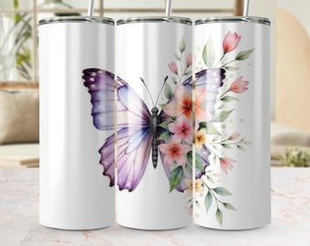 Butterfly Flowers Tumbler Wrap: Seamless Watercolor Design (300 DPI)