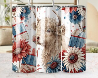 Highland Cow Tumbler Wrap, Patriotic 20oz Skinny Tumbler Design, Fourth of July Sublimation, Cow and Flowers, Seamless Wrap, Digital