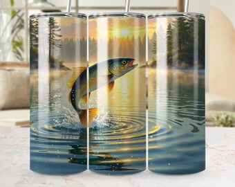 Jumping Trout Tumbler Wrap: Sunrise Lake Fishing Design (300 DPI)