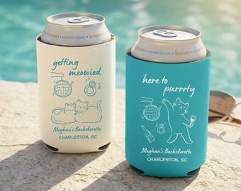 Custom Cat Bachelorette Can Cooler, Personalized Bach Drink Sleeve, Getting Meowied Favor, Here to Purrty Custom Party Gift