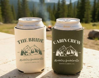 Custom Camp Bachelorette Can Coolers, Bride Cabin Crew Sleeves, Mountain Bach Party Favor