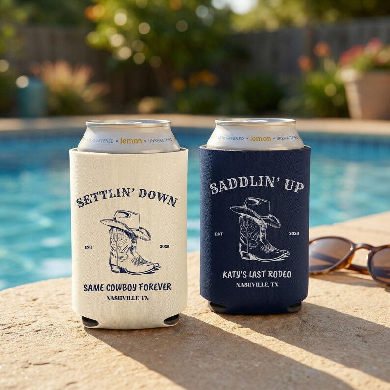 Custom western party favors ivory and navy can coolers for bachelorette weekend bride tribe matching gifts