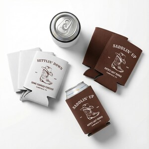 Custom western party favors can cooler in trendy espreeso for bachelorette weekend bride tribe matching gifts