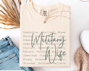 Camiseta para esposa de militar: camiseta con frase de apoyo, resiliencia y valentía, regalo para esposa de militar, camiseta de agradecimiento para esposa de militar