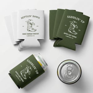 Custom western party favors can coolers flat lay for bachelorette weekend bride bridesmaids matching gifts