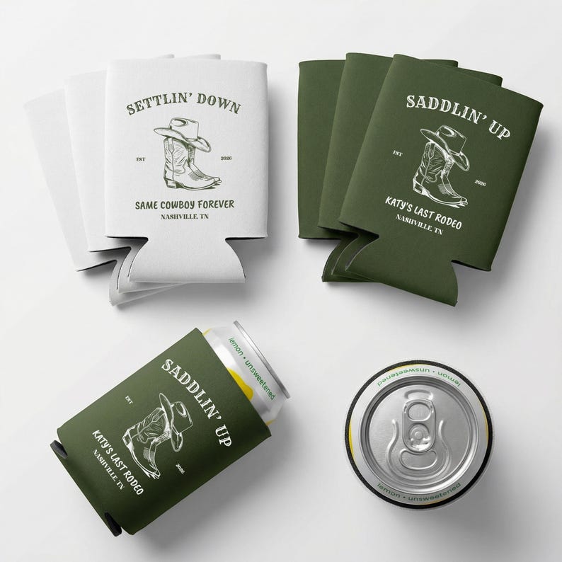 Custom western party favors can coolers flat lay for bachelorette weekend bride bridesmaids matching gifts
