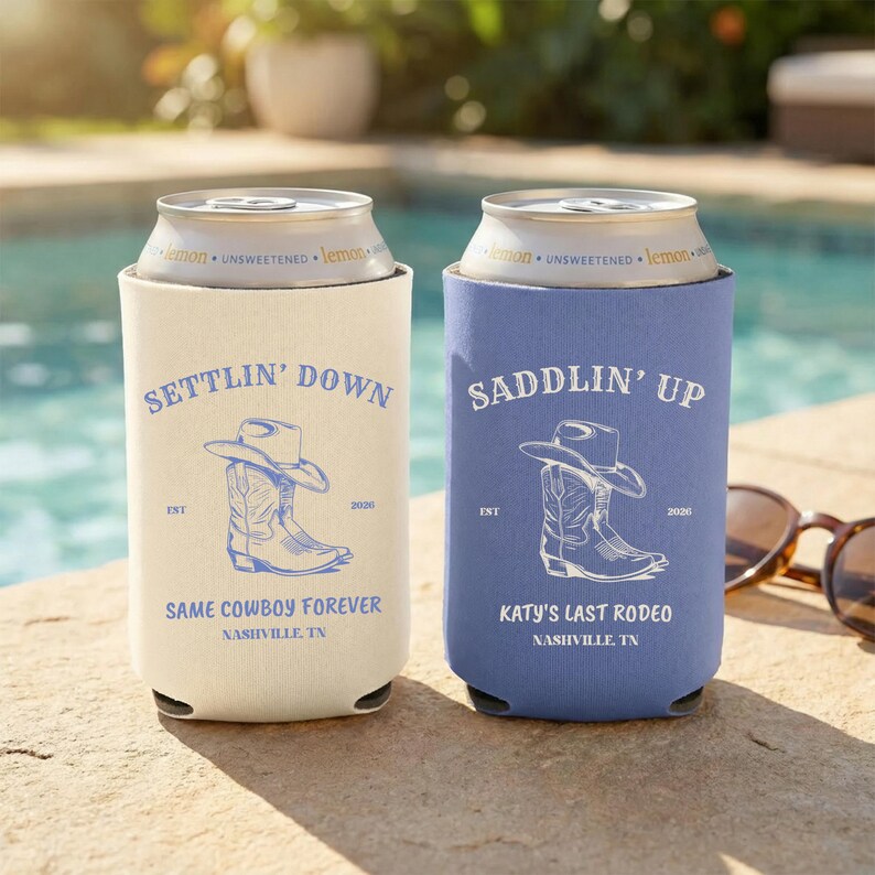 Western bachelorette can cooler with Saddlin Up Settlin Down design for Nashville last rodeo party favor
