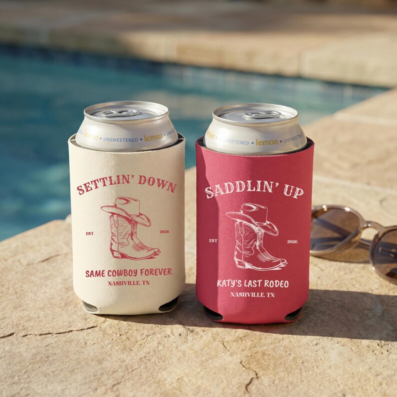 Cowgirl themed can cooler gift for bride and bridesmaids Nashville bachelorette celebration in ivory and crimson red colors
