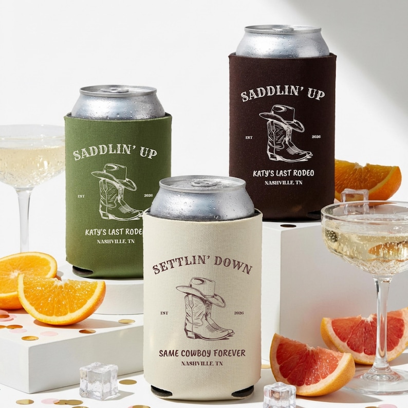 May include: Three drink koozies with cowboy boot and hat graphics. One is olive green, one is brown, and one is off-white. Text on the koozies reads "Saddlin' Up" and "Settlin' Down", with "Katy's Last Rodeo" and "Same Cowboy Forever" below.