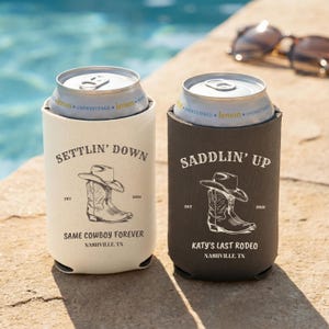 Cowgirl bachelorette drink sleeves in pepper and ivory western style for bride tribe weekend