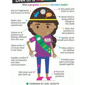 May include: An educational poster titled DNA of a G.I.R.L. featuring a cartoon character wearing a purple shirt, blue pants, and a green sash with a Hello My Name Is Leader badge. The graphic includes text labels describing leadership traits.