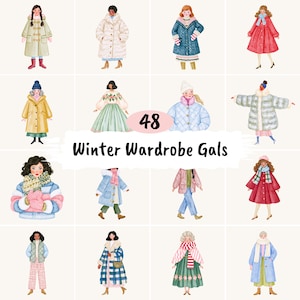 May include: A collection of 48 watercolor illustrations featuring figures in diverse winter outfits, including coats, scarves, hats, and sweaters in various colors. The central text reads 48 Winter Wardrobe Gals.