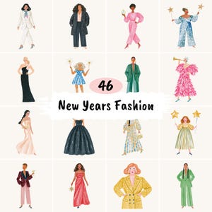 以下が含まれることがあります： 46点の水彩画イラストコレクション。ドレス、スーツ、ジャンプスーツなど、様々な色、質感、スタイルのNew Years Fashionの衣装が描かれており、グリッド形式で配置され、46 New Years Fashionというテキストが中央に記載されています。