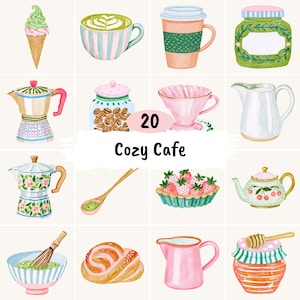 May include: A collection of 20 watercolor illustrations labeled 20 Cozy Cafe, featuring items like a matcha ice cream cone, coffee cups, a jar, a moka pot, a coffee dripper, a pitcher, a wooden spoon, strawberries, a teapot, a whisk, and bread.