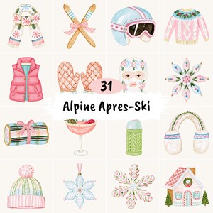 May include: A collection of 31 watercolor illustrations labeled Alpine Apres-Ski, featuring winter items including a scarf, skis, helmet, sweater, vest, mittens, balaclava, snowflake ornaments, a plaid blanket, cocktail, thermos, earmuffs, and a house.