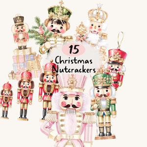 Peut inclure: Une collection de 15 casse-noisettes de Noël dans divers uniformes rouges, verts, roses et dorés, avec des détails faciaux peints, des chapeaux hauts et des accents décoratifs. Le texte 15 Christmas Nutcrackers est centré au milieu.