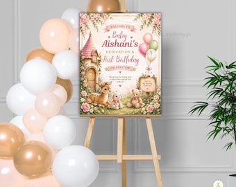 Fairytale Floral Welcome Sign, First Birthday Dedication Party, Editable Canva Template (Instant Download)