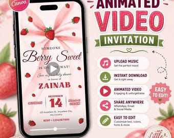 Strawberry Baby Shower Video Invitation, Berry Sweet Baby Shower Animated Invite, Editable Baby Girl Mobile Invitation