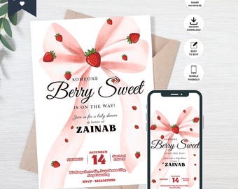 Strawberry Baby Shower Invitation Template, Berry Sweet Baby Shower Invitation, Editable Printable Baby Girl Invitation, Pink Party