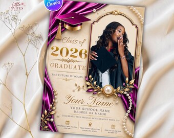 Luxury Graduation Invitation Template, Class of 2026, Burgundy Grad Party, Editable Canva (Digital Download)
