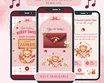 Strawberry Baby Shower Website Template, Berry Sweet Baby Shower Invitation, Editable Baby Girl Digital Invite, Pink Party Theme