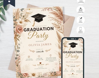 Boho Floral Graduation Invitation Template, Class of 2026 Party Invite (Digital Download)