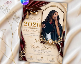 Class of 2026 Graduation Invitation, Luxury Gold & Burgundy Canva Template (Digital Download)