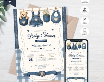 Blue Jean Baby Invitation Template, Teddy Bear Baby Shower Invite, Denim Baby Boy Shower, Editable Canva Download