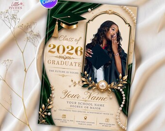 Luxury Graduation Invitation Template, Class of 2026 Announcement, Editable Emerald Party (Digital Download)