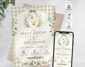 Invito per baby shower a tema "Oca sciocca", con motivo a quadretti color salvia, modello Canva modificabile (download digitale)