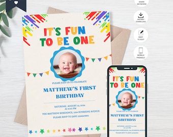 It’s Fun To Be One Birthday Invitation Template, Rainbow First Birthday Invitation, Editable Canva Template, 1st Birthday Party Invite,