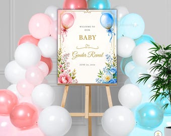 Gender Reveal Welcome Sign, Watercolor Florals, Balloons, Baby Shower Decor (Digital Download)