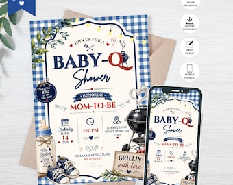 Baby-Q Baby Shower Invitation Template, Baby Q Shower Invitation, Blue Gingham Baby-Q Invite, Editable Baby Shower Invite