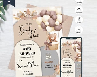 We Can Bearly Wait Baby Shower Invitation, Teddy Bear Hot Air Balloon (Digital Download)