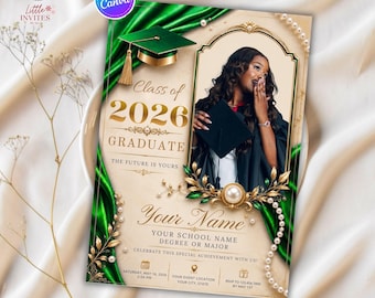 Class of 2026 Graduation Invitation Template, Elegant Green Gold Party Invite (Digital Download)