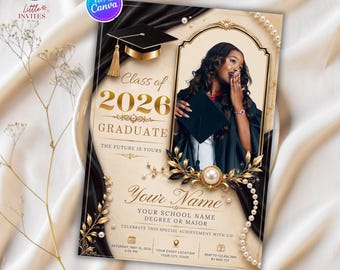 Class of 2026 Graduation Invitation, Elegant Gold Pearl Party Invite (Canva Template)