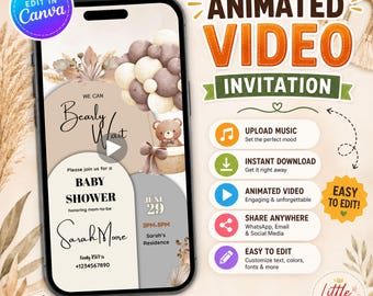Boho Bear Balloon Animated Video Invitation, Editable Canva Invitation, Instant Download