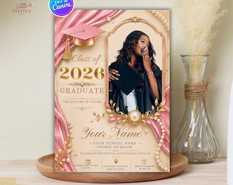 Class of 2026 Graduation Invitation Template | Golden Pink Grad Party Flyer (Digital Download)