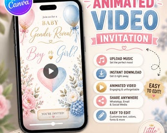 Animated Gender Reveal Video Invitation, Pink Blue Watercolor, Canva Digital Invite (MP4)