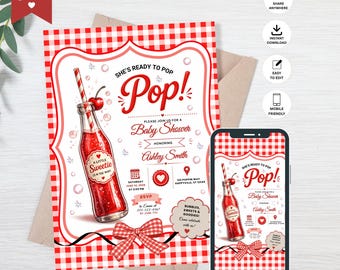She's Ready to Pop Baby Shower Invitation Template, Soda Pop Baby Shower, Red Gingham Baby Shower, Editable Canva Template