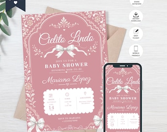 Pink Cielito Lindo Baby Shower Invitation, Talavera Canva Template (Digital Download)