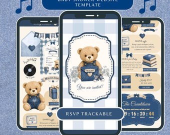 Blue Jean Baby Shower Website Template, Teddy Bear Invitation, Editable Canva (Digital Download)