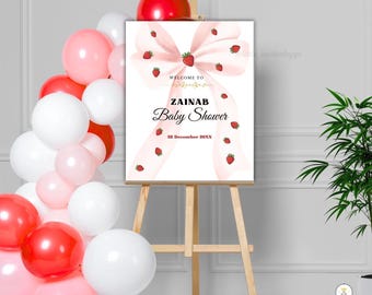 Berry Sweet First Birthday Welcome Sign, Strawberry Baby Shower Poster (Digital Download)