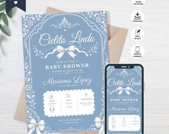 Blue Cielito Lindo Baby Shower Invitation, Talavera Canva Template (Digital Download)