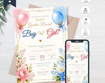 Elegant Gender Reveal Invitation, Watercolor Floral Baby Shower Invite (Digital Download)