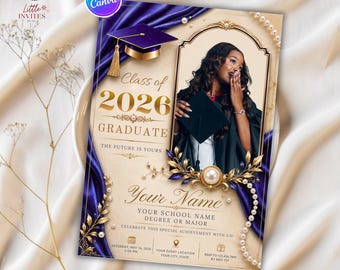 Class of 2026 Graduation Invitation Template, Elegant Gold Purple Grad Party (Digital Download)