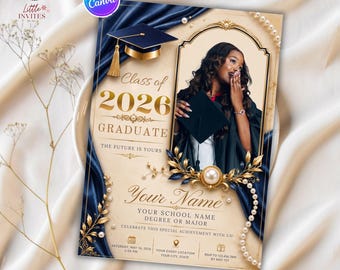 Class of 2026 Graduation Invitation, Luxury Gold Blue Grad Party Invite (Canva Template)